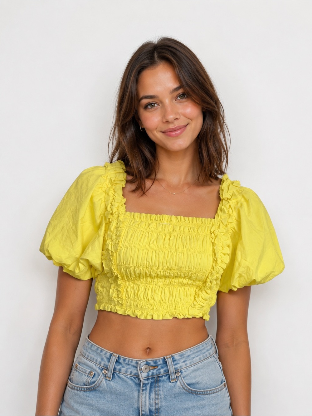 Yellow Puff Sleeve Cropped Shirt Size XS Smocked Ruffle Endless Rose